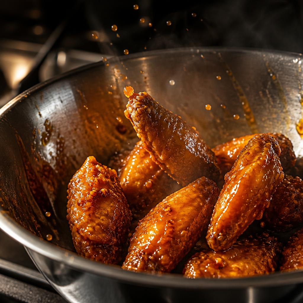 Fresh wings being tossed in signature sauce